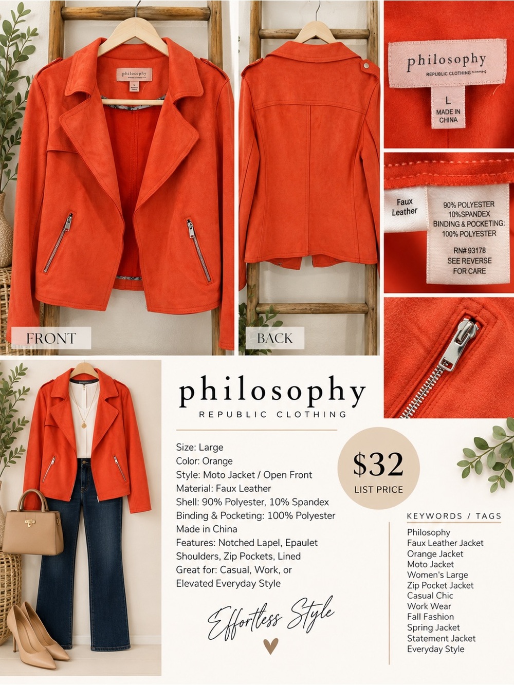 Philosophy Orange Faux Leather Moto Jacket